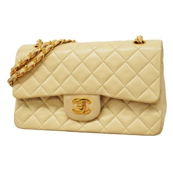 Authentic CHANEL Classic Double Flap Bag Beige Lambskin Chain Shoulder Purse - Picture 1 of 11